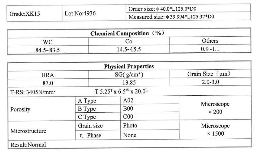Certificate of Material Compliance — Cemented Carbide Punch Grade XK15, HYW Precision
